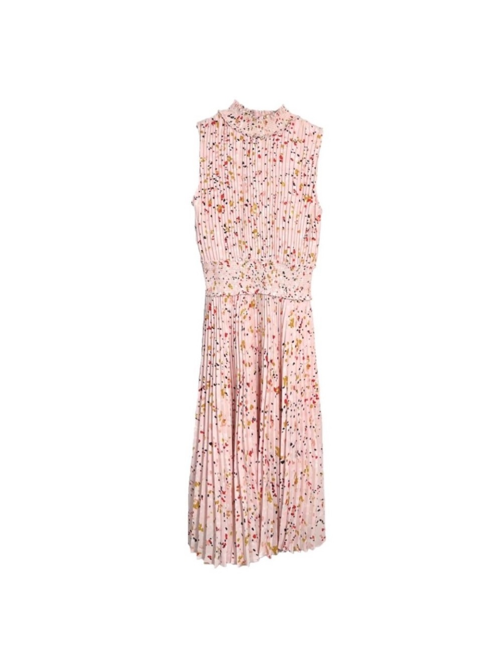 Nanette Lepore Pink Pleated Floral Ruffled Mock Neck Dress
